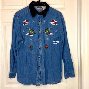 Vintage Denim chambray button down embroidered ski snow shirt L teacher